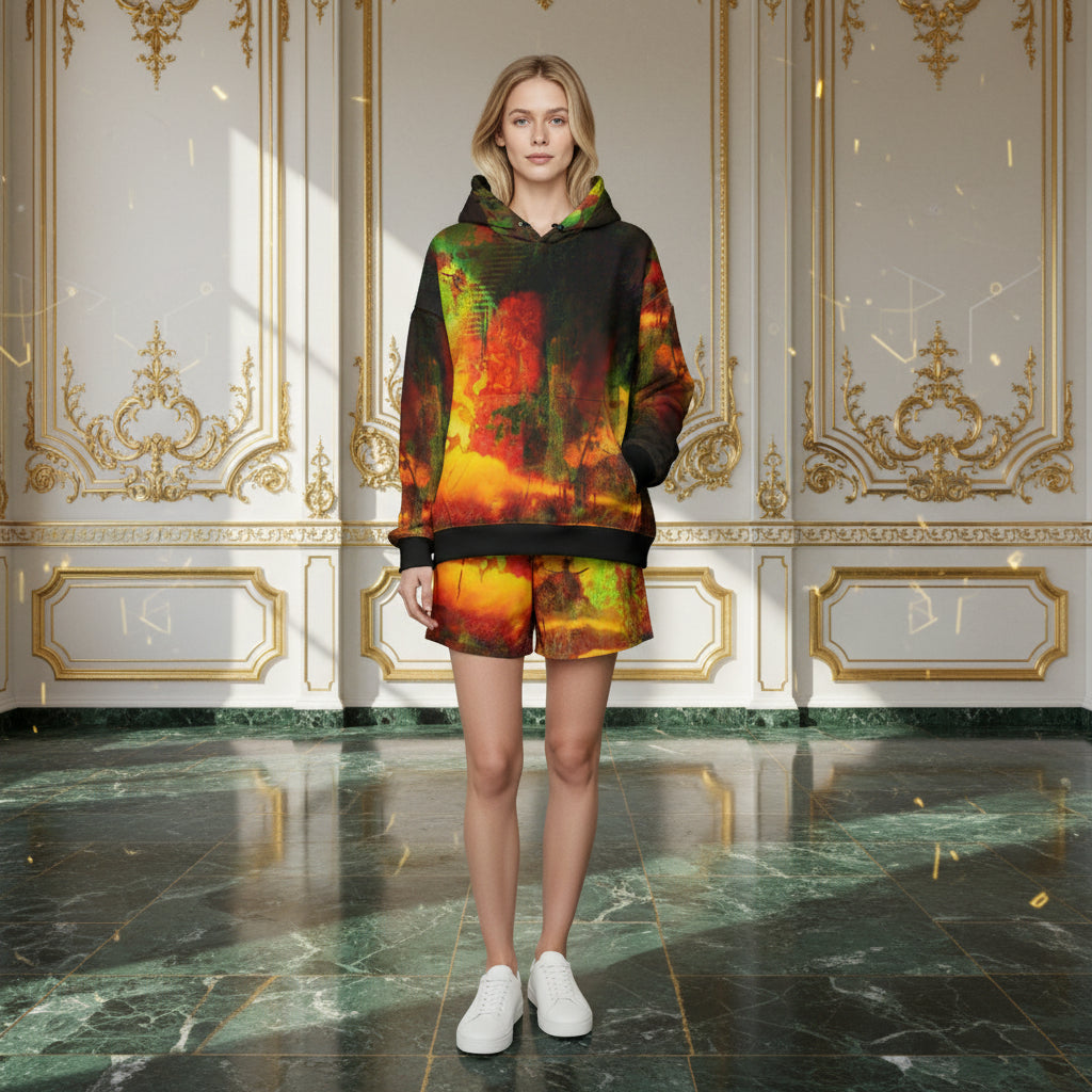 A woman stands in a luxurious room with gold-trimmed walls and a green marble floor, wearing a matching hoodie and shorts set with a vibrant multicolor abstract print in red, yellow, green, and black, paired with white sneakers.