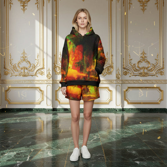 A woman stands in a luxurious room with gold-trimmed walls and a green marble floor, wearing a matching hoodie and shorts set with a vibrant multicolor abstract print in red, yellow, green, and black, paired with white sneakers.