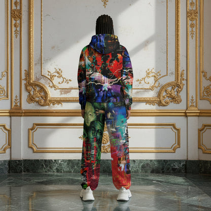 A person stands with their back to the camera in an ornate, gold-accented room, wearing a matching hooded sweatshirt and jogger pants set covered in a vibrant, multicolored abstract graffiti print. The outfit features a mix of red, blue, green, yellow, and purple colors.