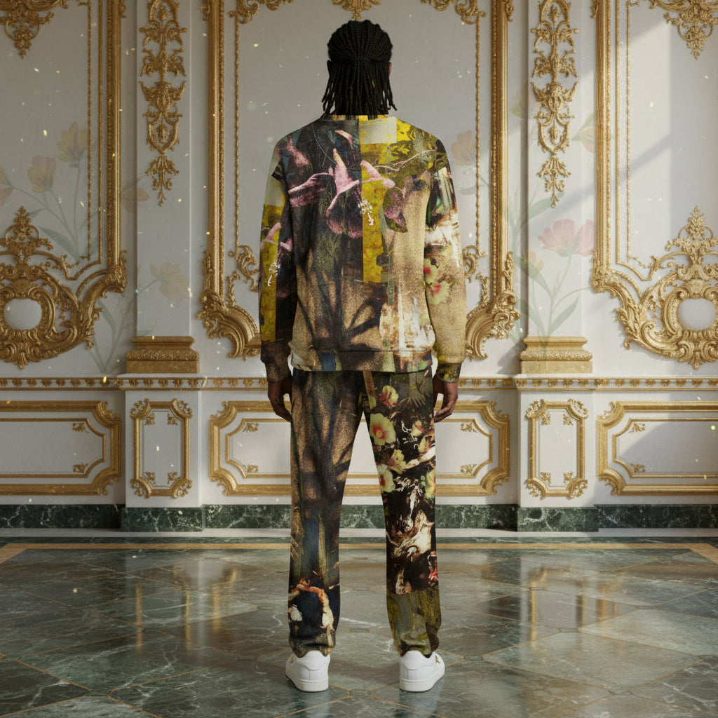 A man viewed from behind wearing a matching two-piece tracksuit with an artistic, painterly abstract pattern in earthy tones of brown, beige, green, and yellow. He is standing in a luxurious room with gold-trimmed white walls and a polished marble floor.