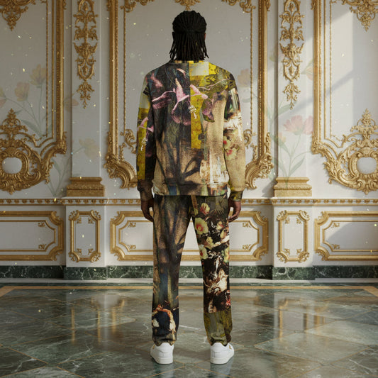 A man viewed from behind wearing a matching two-piece tracksuit with an artistic, painterly abstract pattern in earthy tones of brown, beige, green, and yellow. He is standing in a luxurious room with gold-trimmed white walls and a polished marble floor.