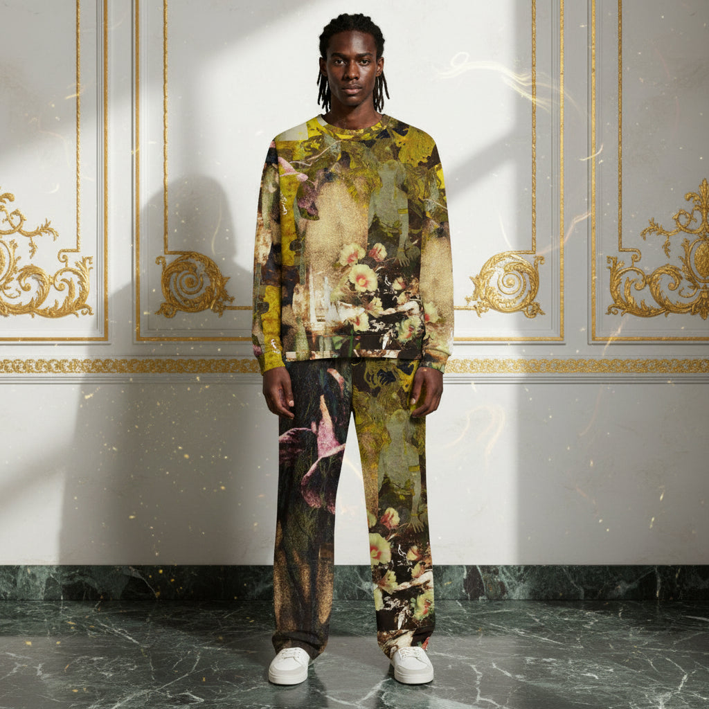 A model stands in a luxurious room with gold-trimmed white walls and a marble floor, wearing a matching two-piece set featuring a vintage-style painterly print in olive green, gold, and brown tones.