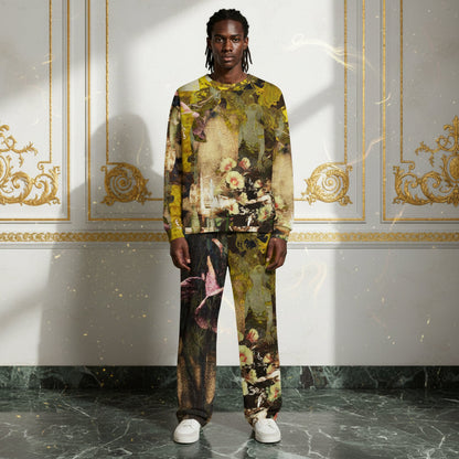 A model stands in a luxurious room with gold-trimmed white walls and a marble floor, wearing a matching two-piece set featuring a vintage-style painterly print in olive green, gold, and brown tones.