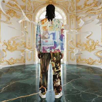 A person stands with their back to the camera in a grand, ornate room with gold baroque details and a green marble floor, wearing a colorful abstract print jacket and matching patterned trousers.