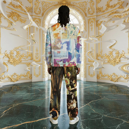 A person stands with their back to the camera in a grand, ornate room with gold baroque details and a green marble floor, wearing a colorful abstract print jacket and matching patterned trousers.