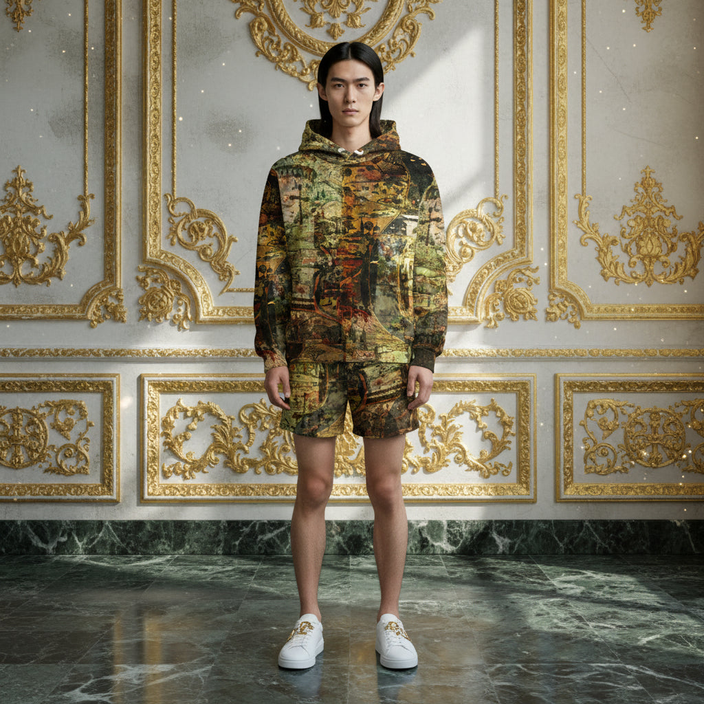 A model stands in a grand, ornate room with gold-trimmed walls and a marble floor, wearing a matching camouflage-patterned hoodie and shorts set with white sneakers.