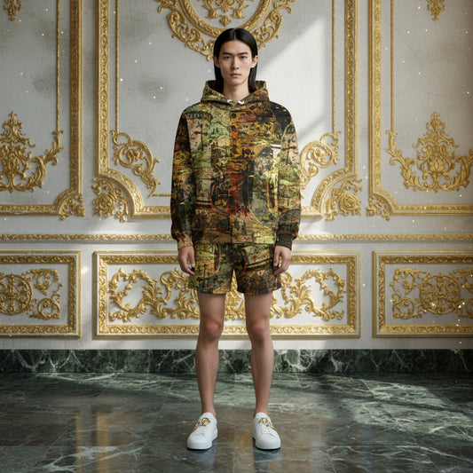A model stands in a grand, ornate room with gold-trimmed walls and a marble floor, wearing a matching camouflage-patterned hoodie and shorts set with white sneakers.