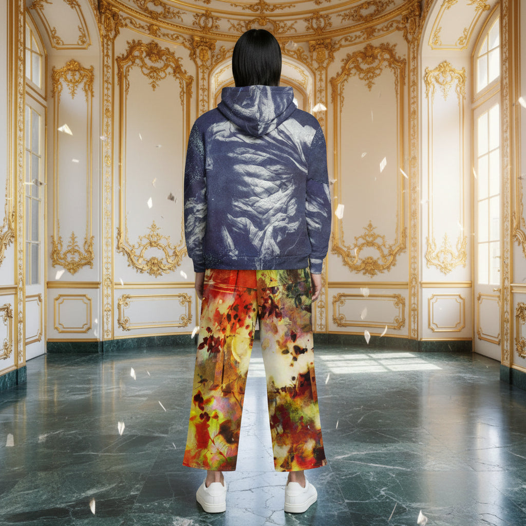 A person viewed from behind wearing a dark blue hooded jacket with a silver-gray textured pattern and wide-leg pants featuring a colorful abstract print in red, yellow, orange, and green. The person is standing in a grand, ornate room with gold-trimmed walls and a polished dark marble floor.