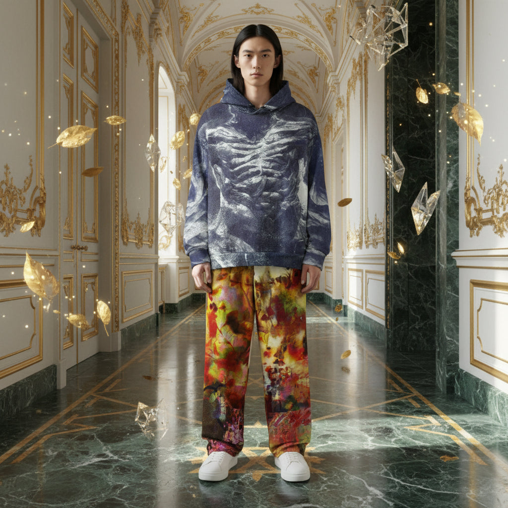A model stands in a grand, ornate hallway wearing a dark blue and gray skeletal-pattern hoodie, vibrant multicolor tie-dye pants, and white sneakers. The background features gold-trimmed walls, marble columns, and floating gold leaf decorations.