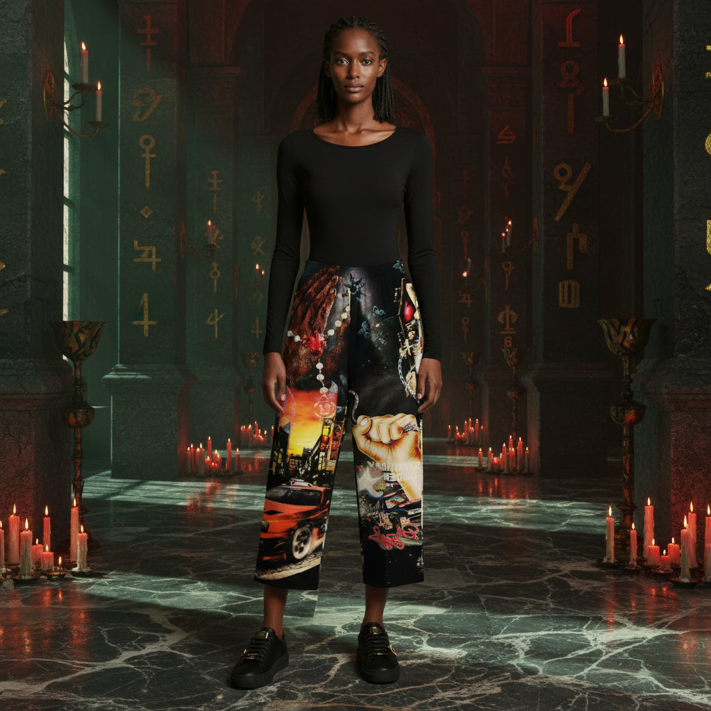 A model stands in a dark, gothic hall with candles and ancient script, wearing a black long-sleeve top and wide-leg cropped pants featuring a detailed multicolor graphic print of a hand, car, and sunset.