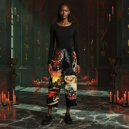 A model stands in a dark, gothic hall with candles and ancient script, wearing a black long-sleeve top and wide-leg cropped pants featuring a detailed multicolor graphic print of a hand, car, and sunset.