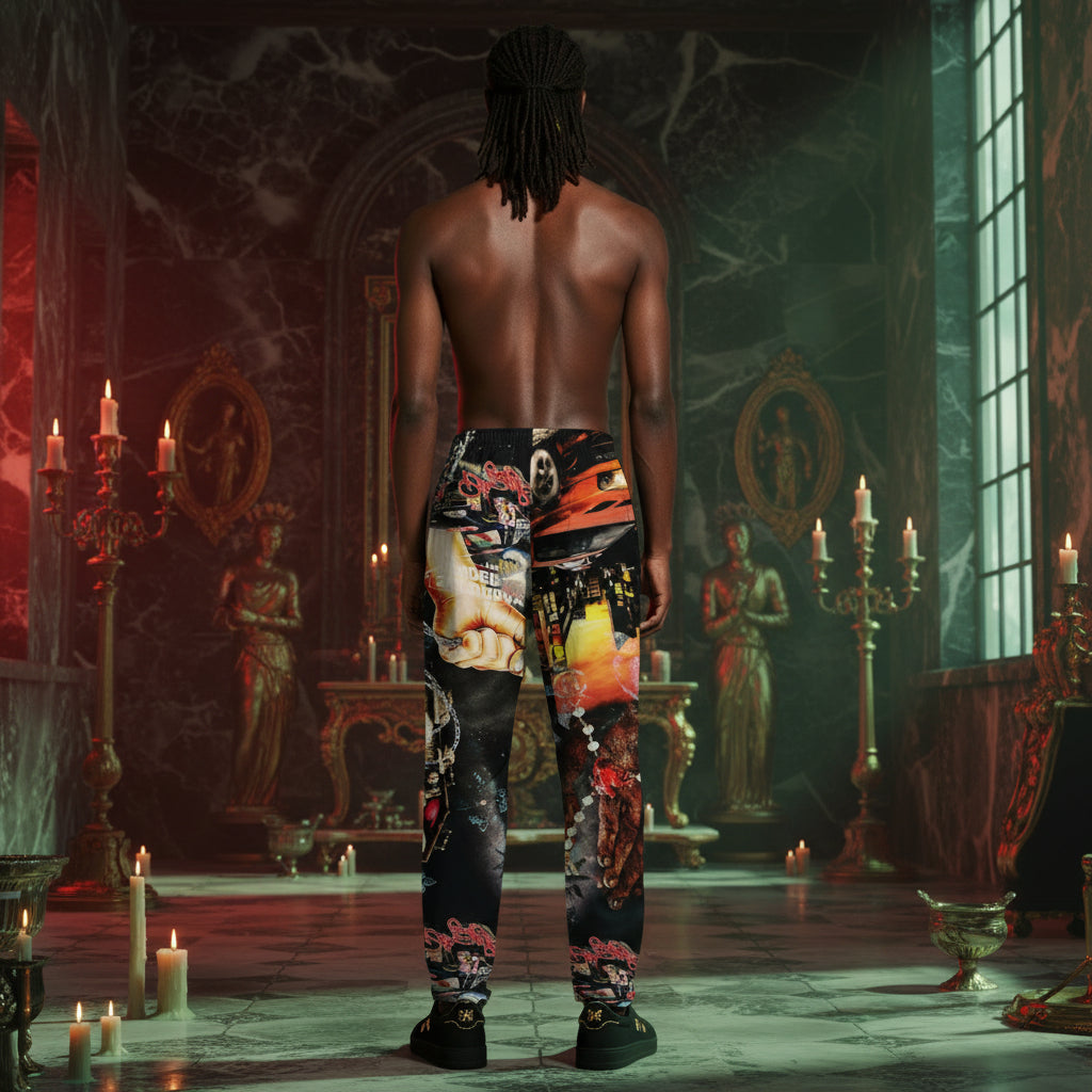 A shirtless man viewed from behind stands in a candle-lit, ornate interior wearing colorful patterned pants with a skull-and-floral print.