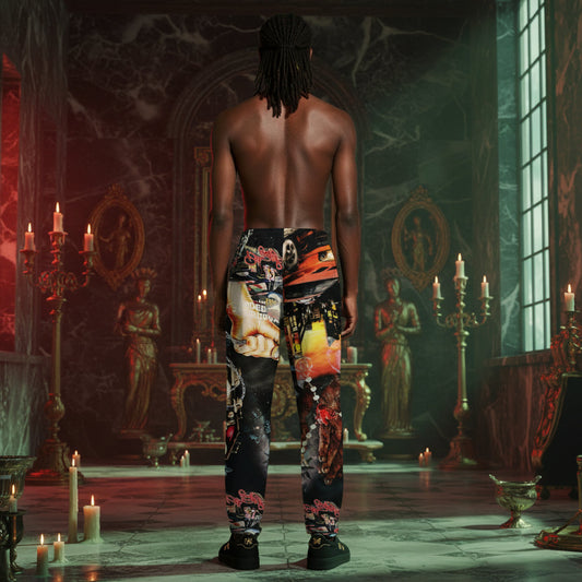 A shirtless man viewed from behind stands in a candle-lit, ornate interior wearing colorful patterned pants with a skull-and-floral print.