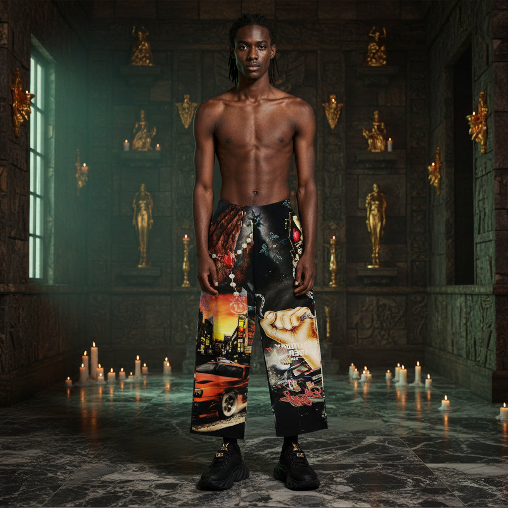 A shirtless male model stands in a dark, ornate room with candles and gold statues, wearing baggy black pants with surreal collage prints on the lower legs and black boots.
