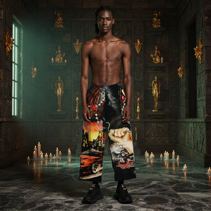 A shirtless male model stands in a dark, ornate room with candles and gold statues, wearing baggy black pants with surreal collage prints on the lower legs and black boots.