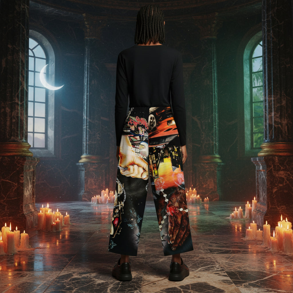 A person stands with their back to the camera in a dark, gothic stone hall filled with lit candles. The person is wearing a black long-sleeve top and wide-leg pants featuring a highly detailed, colorful collage print with skulls, flowers, and faces.