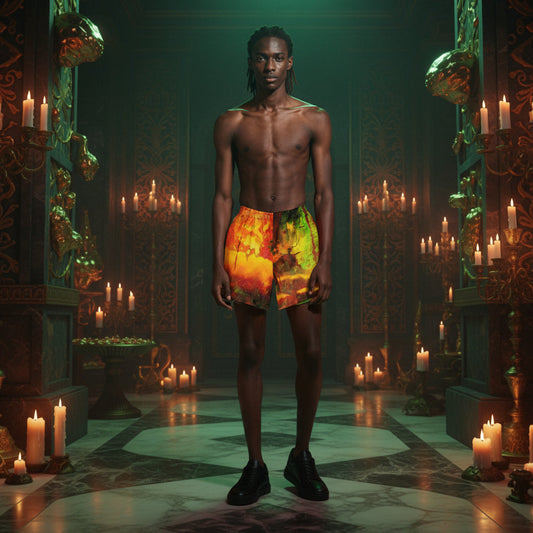A shirtless male model stands in a candle-lit ornate interior wearing bright multicolor shorts with a fiery yellow, orange, and green pattern, paired with black shoes.