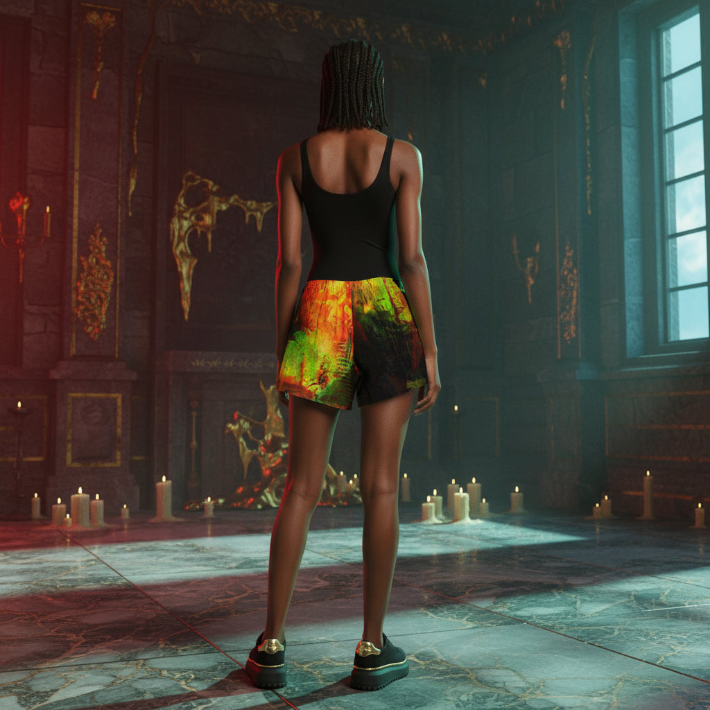 A person stands with their back to the camera in a dark, candle-lit stone room, wearing a black tank top and colorful tie-dye shorts with black sneakers.