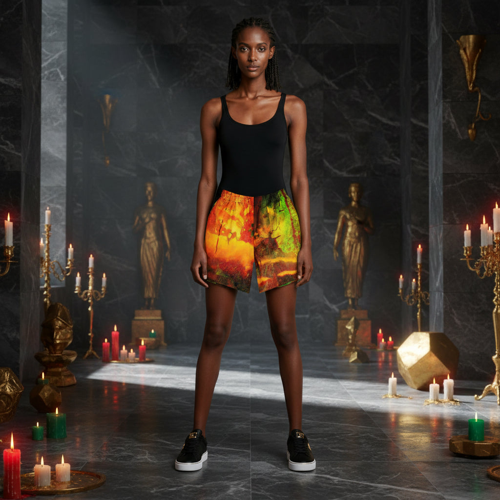A model stands in a dark, candle-lit hall wearing a black tank top and colorful patterned shorts with black sneakers. The shorts feature a vibrant, painterly design with orange, yellow, green, and red tones.