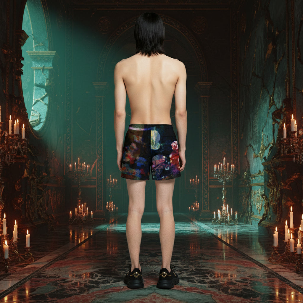 A shirtless model viewed from behind stands in a dark, candle-lit gothic hall wearing colorful floral-patterned boxer briefs and black loafers.