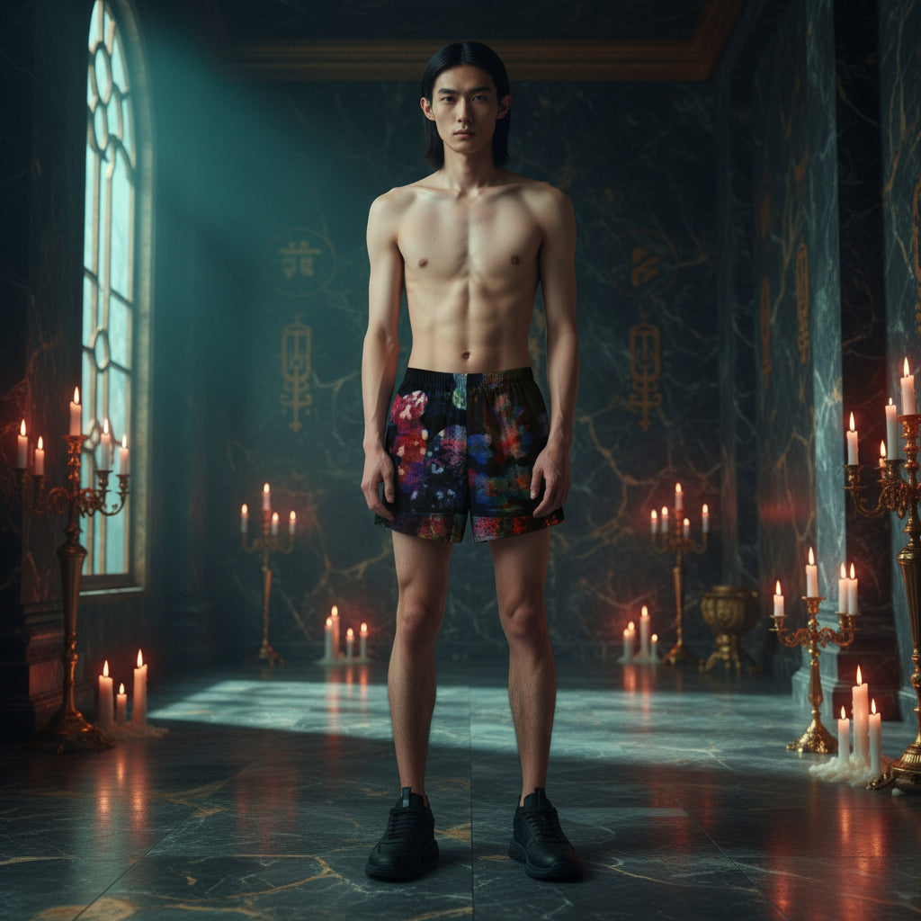 A shirtless man stands in a dark, candle-lit room wearing colorful floral-patterned shorts and black sneakers.