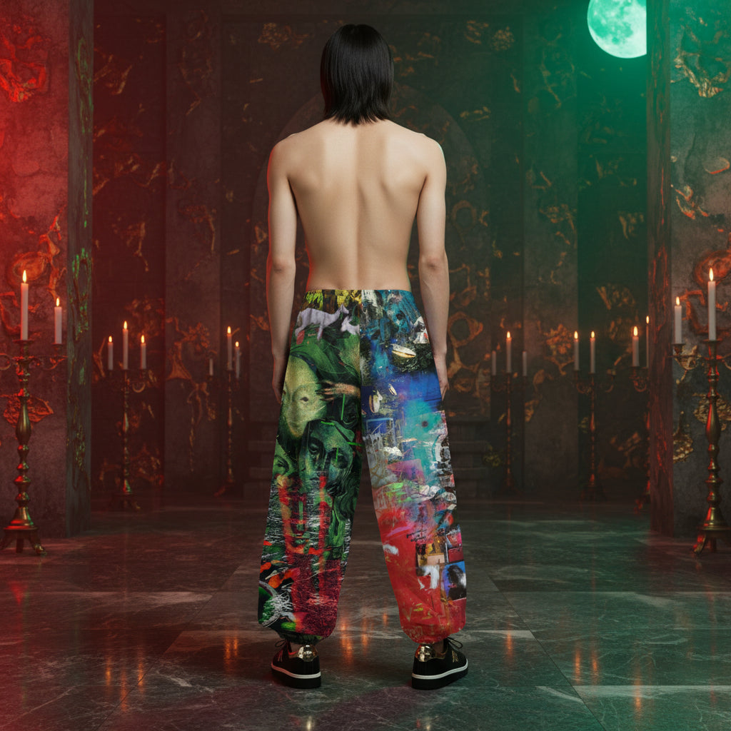 A shirtless model viewed from behind wearing extremely baggy, colorful graffiti-print pants in a dark, atmospheric room with candles and green lighting.