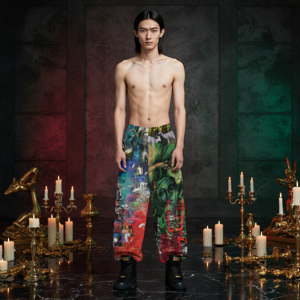 A shirtless male model stands in a dark, candle-lit studio wearing loose, colorful painterly pants with black boots. The background features dark textured panels with red and green lighting, and ornate gold candle holders on a reflective black floor.