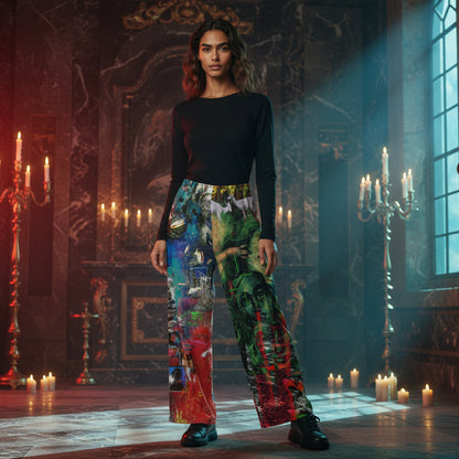 A model stands in a dark, ornate room with candles and marble walls, wearing a black long-sleeve top and wide-leg pants covered in a vivid multicolor abstract print.