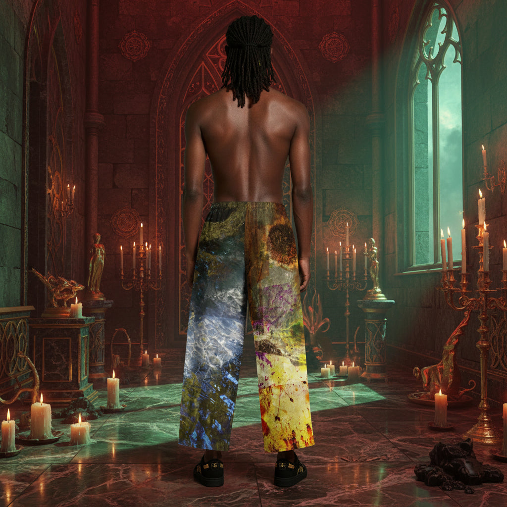 A shirtless person with dreadlocks stands with their back to the camera in a gothic cathedral-like room with candles, wearing wide-leg pants with a colorful abstract and landscape print.