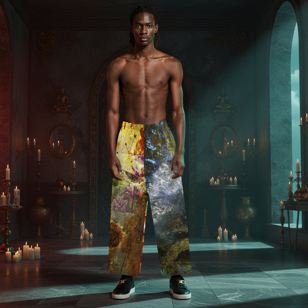 A shirtless male model stands in a dark, candle-lit gothic room wearing wide-leg pants with a split scenic print of mountains and water, paired with black sneakers.