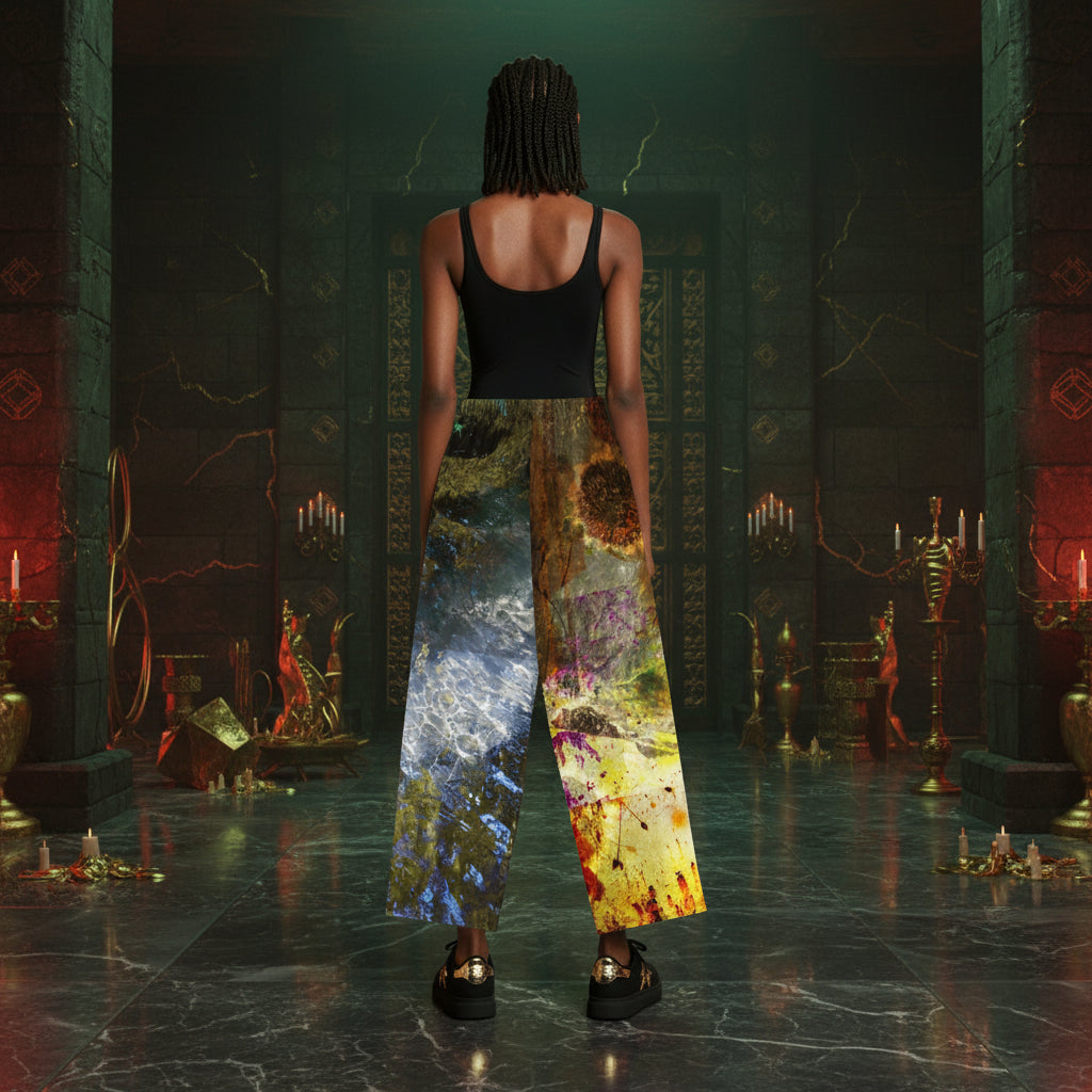 A person stands with their back to the camera in a dark, gothic hall with candelabras and stone pillars, wearing wide-leg cropped pants with a split design: one leg is blue-gray with a textured pattern, and the other leg features a yellow, orange, and brown abstract print.