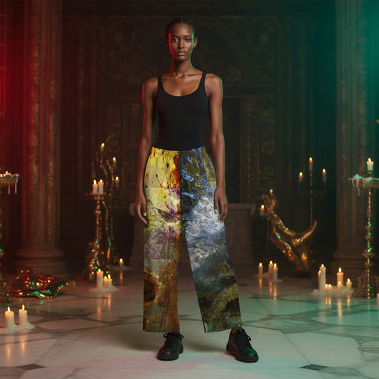 A model stands in a candle-lit, ornate interior wearing loose, wide-leg cropped pants with a vivid abstract print in yellow, blue, green, and brown, paired with a black tank top and black sneakers.