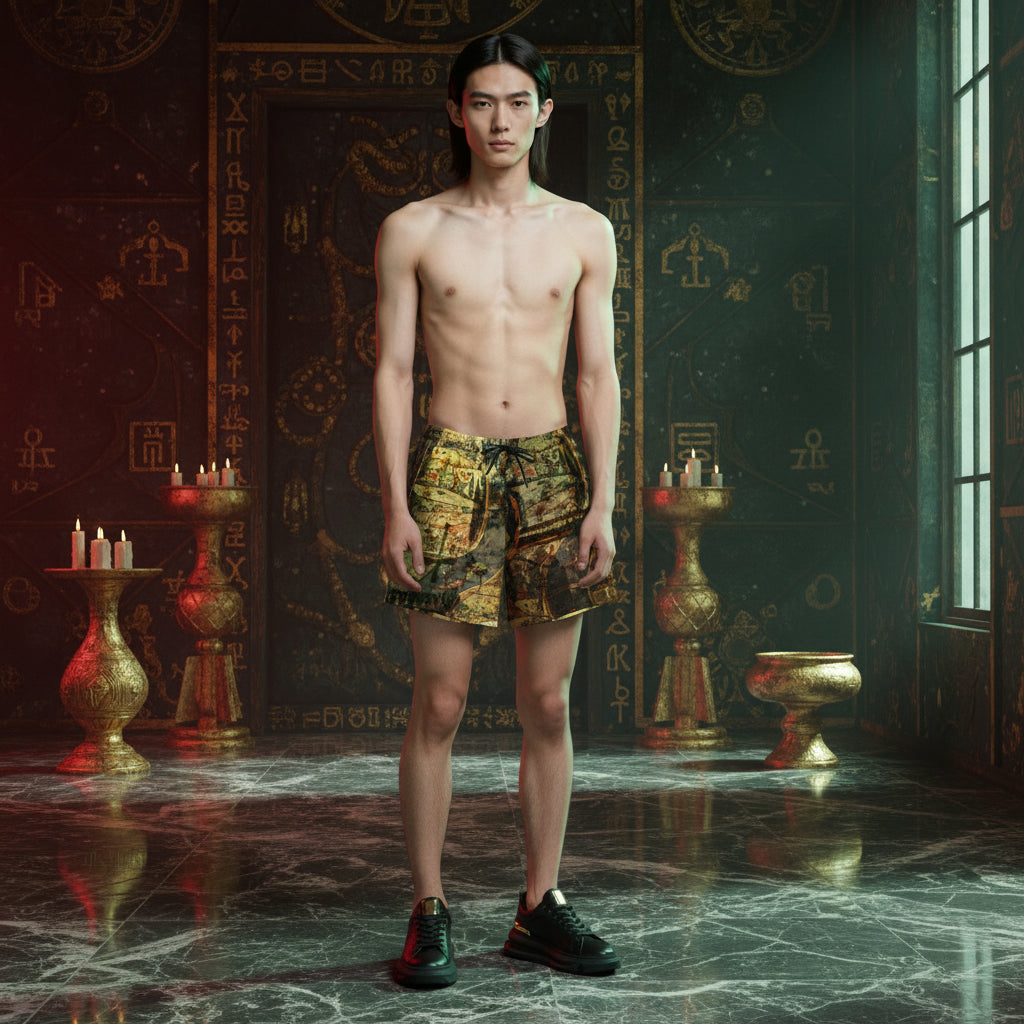 A shirtless male model stands in a dark, ornate room wearing patterned gold and black athletic shorts and black sneakers.