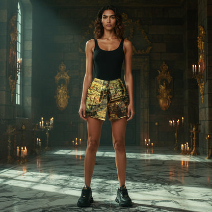 A woman stands in a grand, candle-lit stone hall wearing a black sleeveless top and patterned shorts with black shoes.
