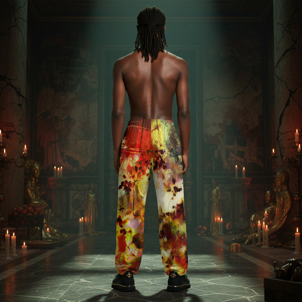 A shirtless man with dreadlocks stands with his back to the camera in a dark, candle-lit hall, wearing loose pants with a vivid abstract print in red, yellow, orange, and cream.