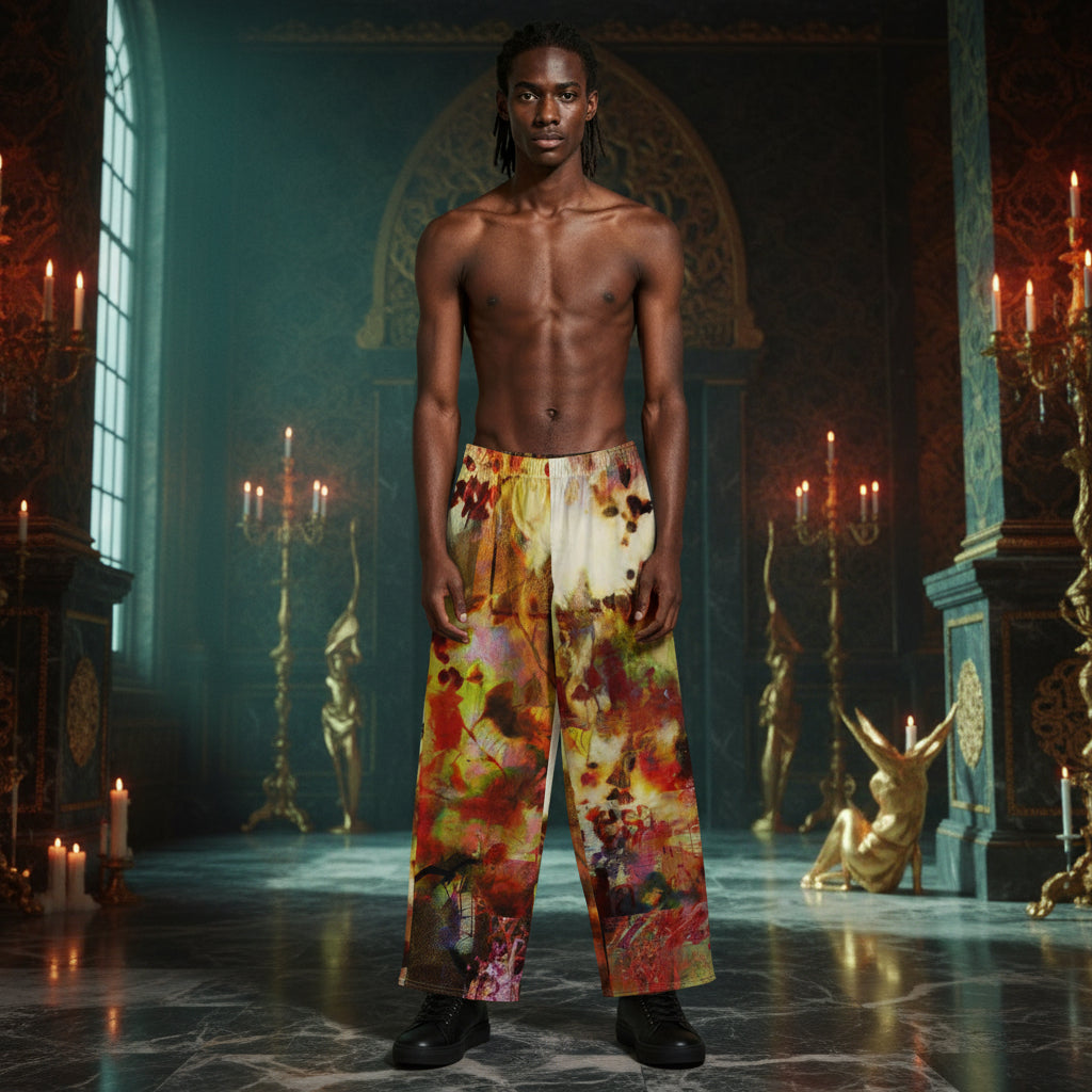 A shirtless male model stands in a grand, candle-lit interior wearing loose, wide-leg trousers with a colorful abstract print in orange, yellow, red, and cream. The background features ornate gold statues, candelabras, and dark blue walls.