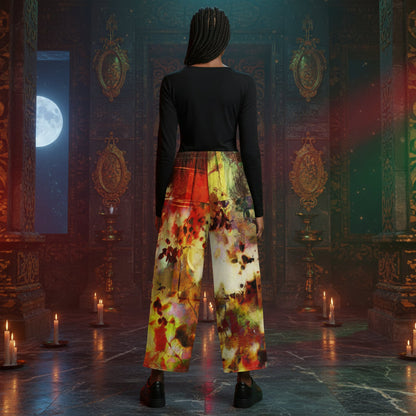 A person viewed from behind wearing a black long-sleeve top and wide-leg pants with an abstract multicolor print in yellow, orange, red, and cream, standing in a dark ornate interior with candles and a moon visible through a window.