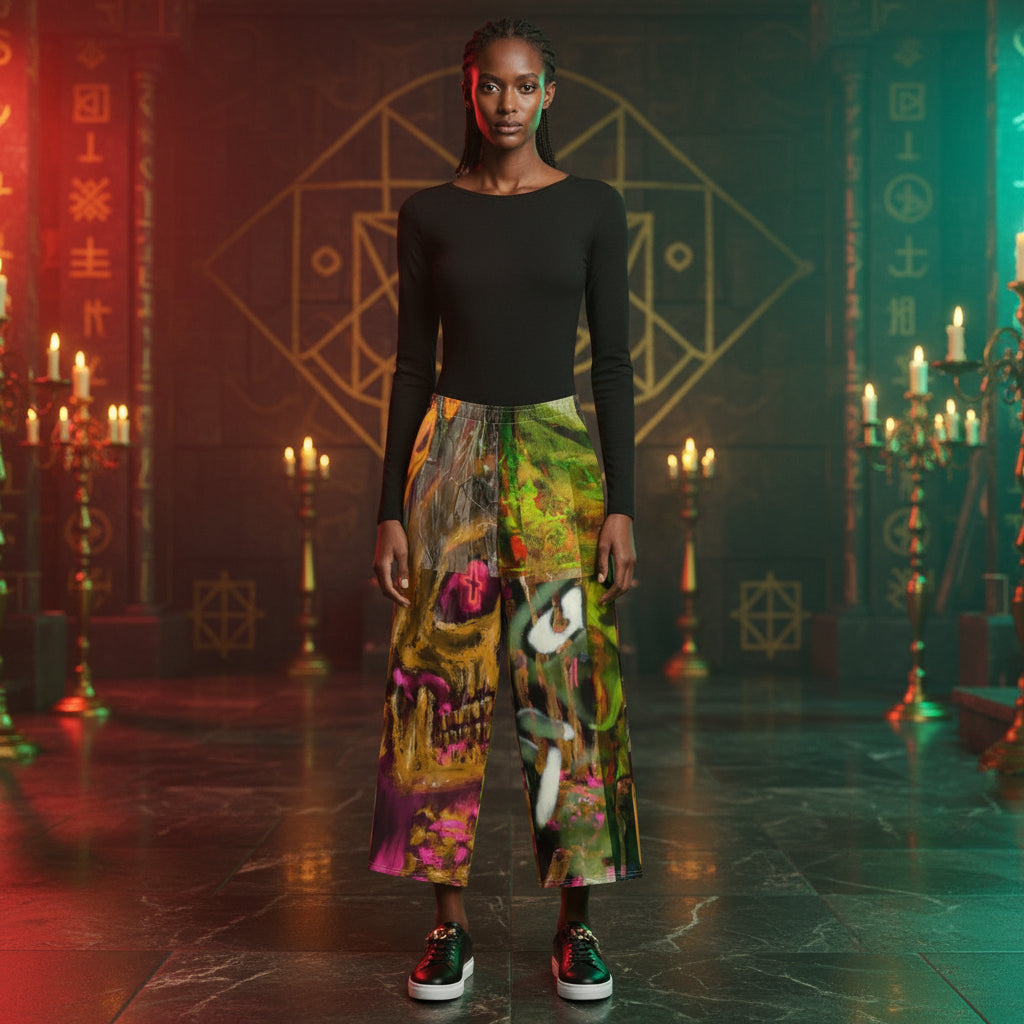 A model stands in a dark, mystical hall with glowing candles and occult symbols, wearing a black long-sleeve top and wide-leg pants featuring a vibrant, detailed skull and fantasy print, paired with green and black sneakers.