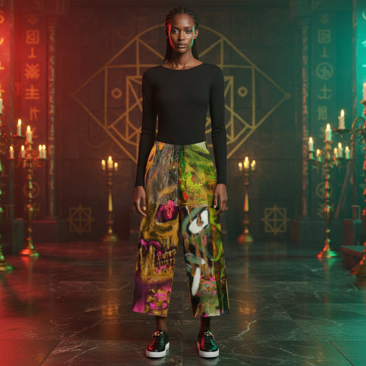 A model stands in a dark, mystical hall with glowing candles and occult symbols, wearing a black long-sleeve top and wide-leg pants featuring a vibrant, detailed skull and fantasy print, paired with green and black sneakers.