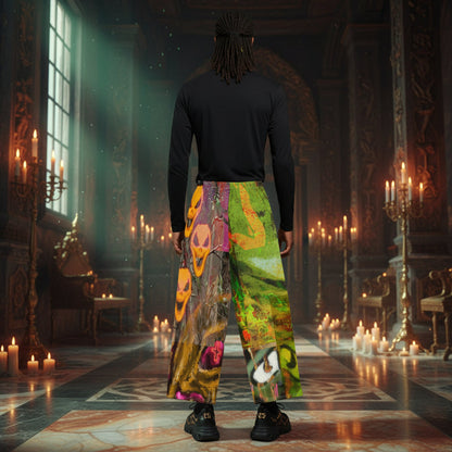 A person stands with their back to the camera in a dark, candle-lit gothic hall, wearing wide-leg cargo pants with a vibrant, multicolored abstract print and a black long-sleeve shirt.
