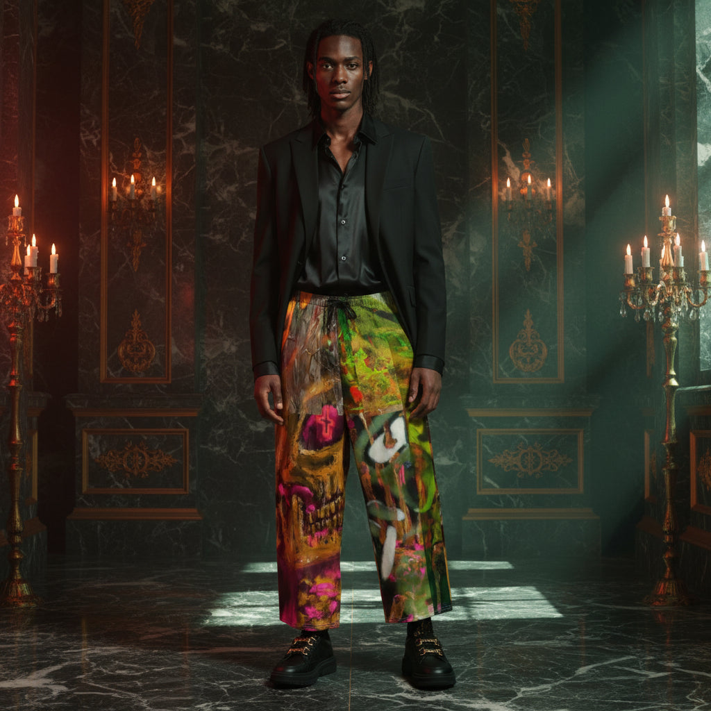 A model stands in a dark, ornate marble hall wearing a black blazer and black shirt, paired with highly colorful, patterned wide-leg trousers featuring a split design of a skull and a rabbit, and black loafers.