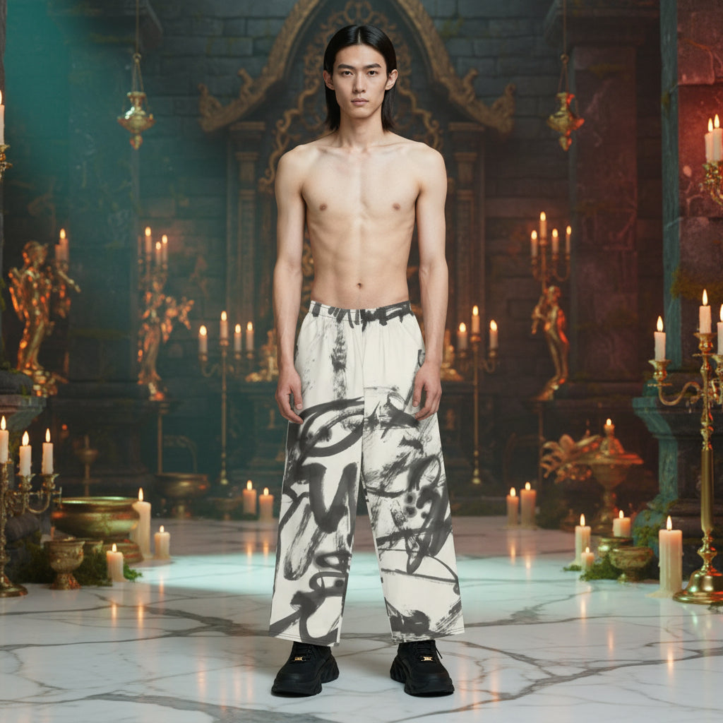 A shirtless male model stands in a gothic-style room with candles, wearing loose white drawstring pants with a black abstract brushstroke print and black sneakers.