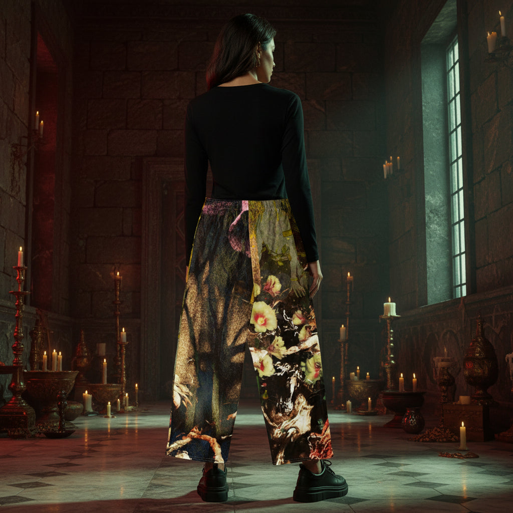 A person stands with their back to the camera in a dark, candle-lit stone hall, wearing a black long-sleeve top and wide-leg pants featuring a detailed vintage-style floral and scenic print.