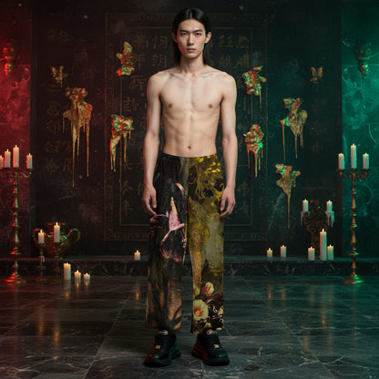 A shirtless male model stands in a dark, ornate room with candles, wearing loose, long pants covered in a surreal floral and abstract print featuring a pink star, a green frog, and a pink flower.