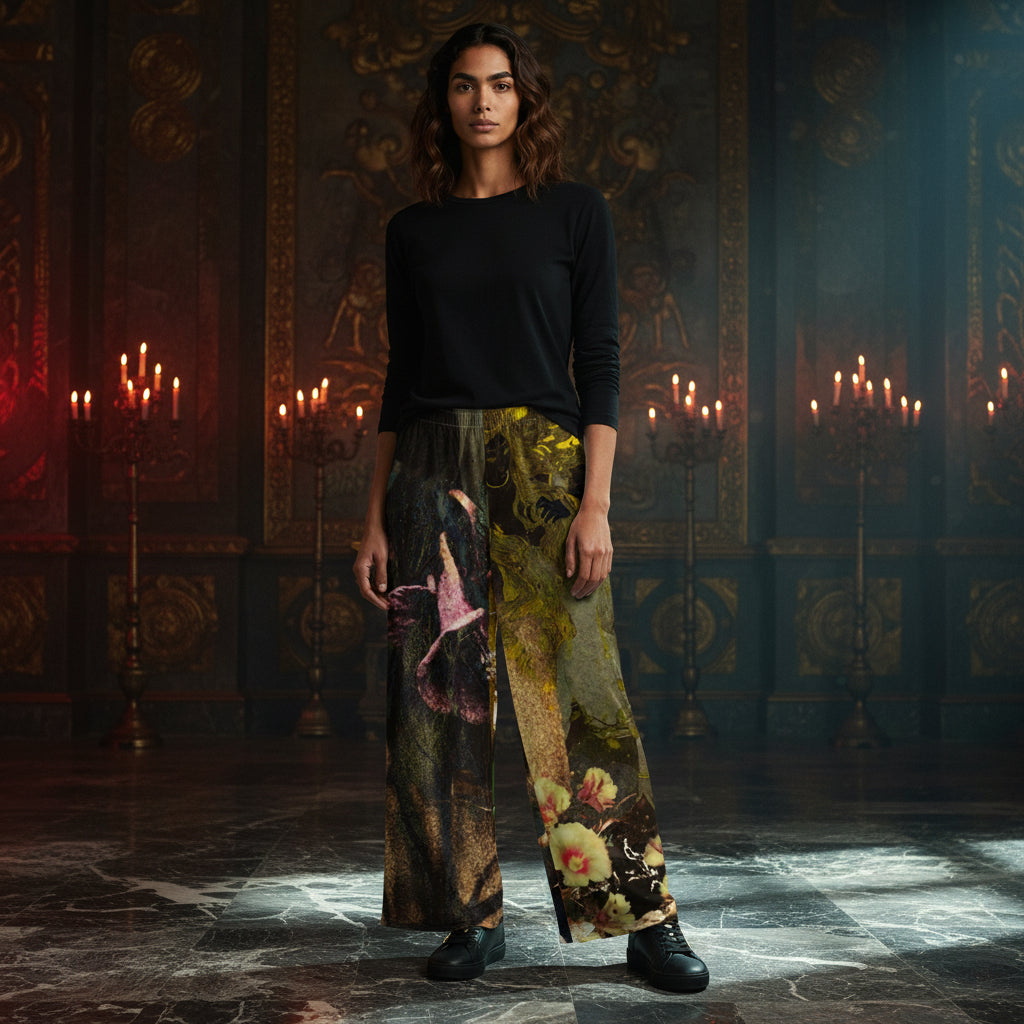 A model stands in a dark, ornate room with lit candles, wearing wide-leg trousers with a split design: one leg features a dark painterly print and the other features a floral pattern, paired with a black long-sleeve top and black boots.