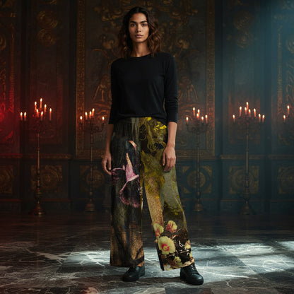 A model stands in a dark, ornate room with lit candles, wearing wide-leg trousers with a split design: one leg features a dark painterly print and the other features a floral pattern, paired with a black long-sleeve top and black boots.