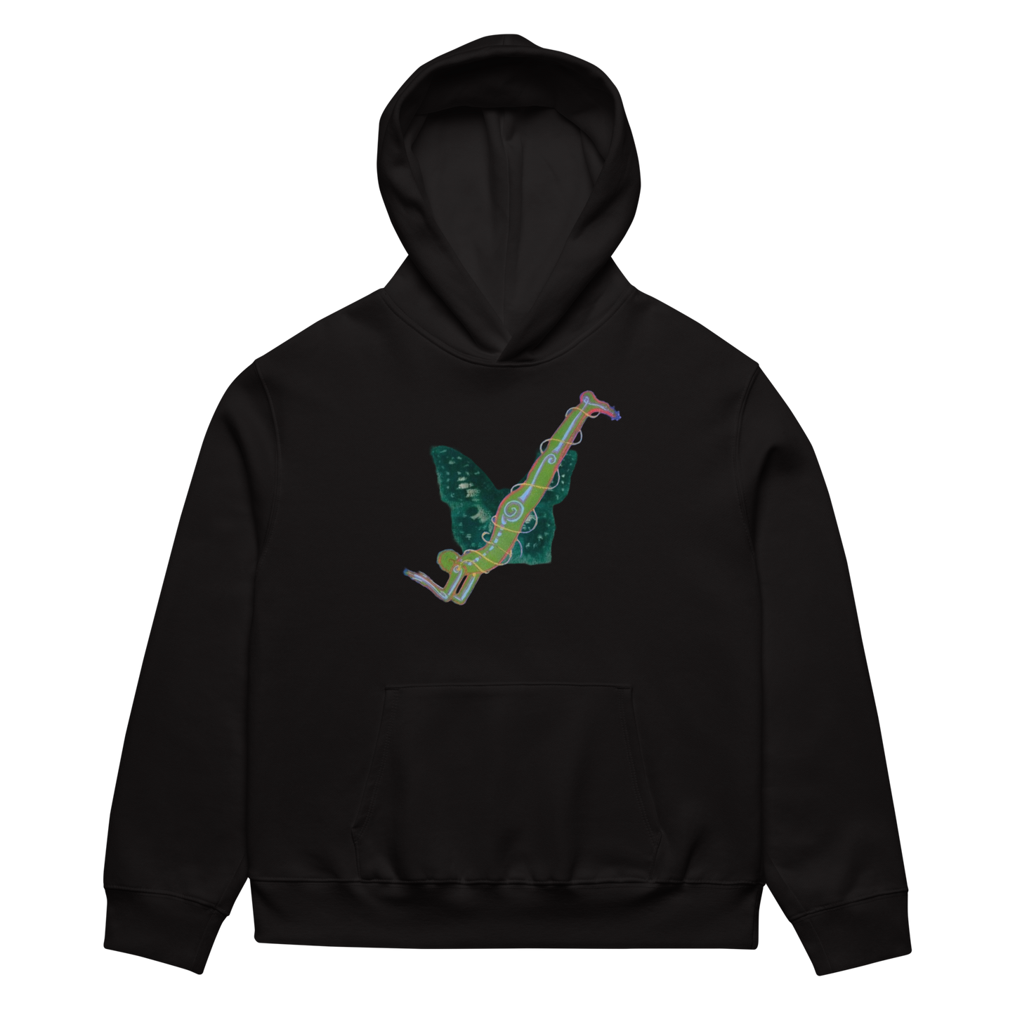 Black hoodie with a colorful snake design on a white background