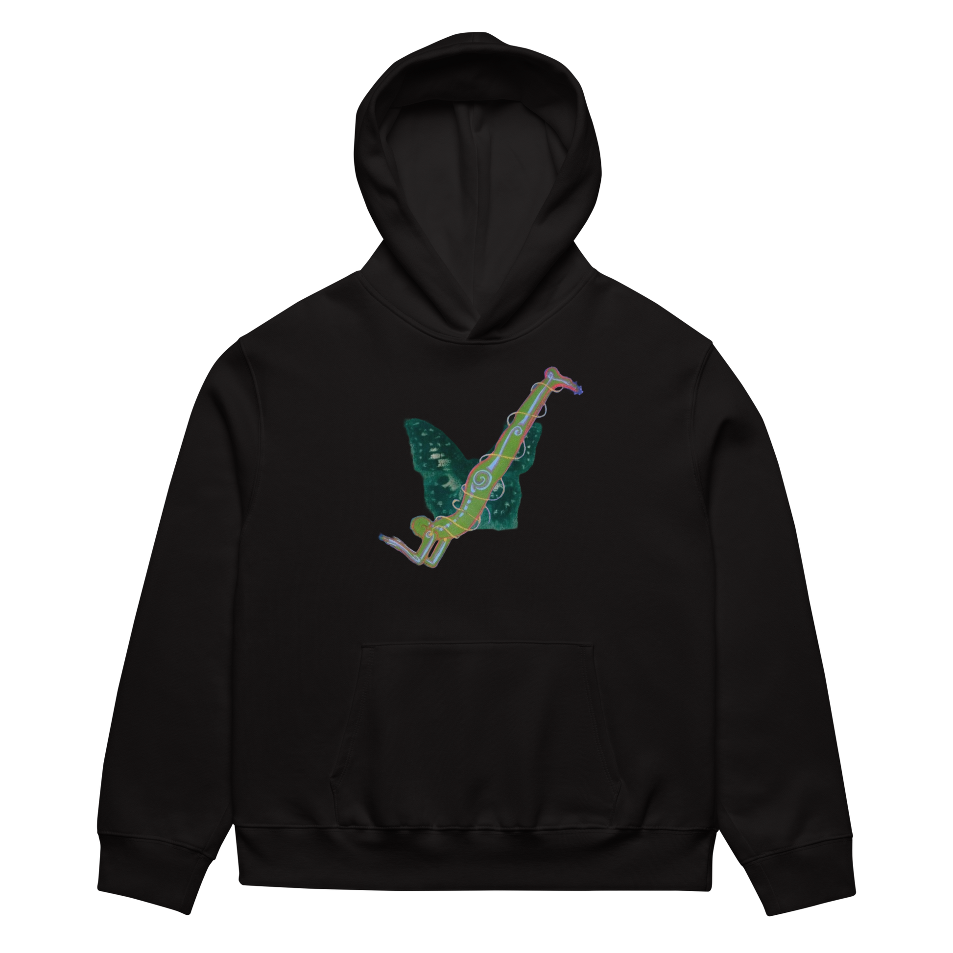 Black hoodie with a colorful snake design on a white background
