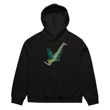 Black hoodie with a colorful snake design on a white background