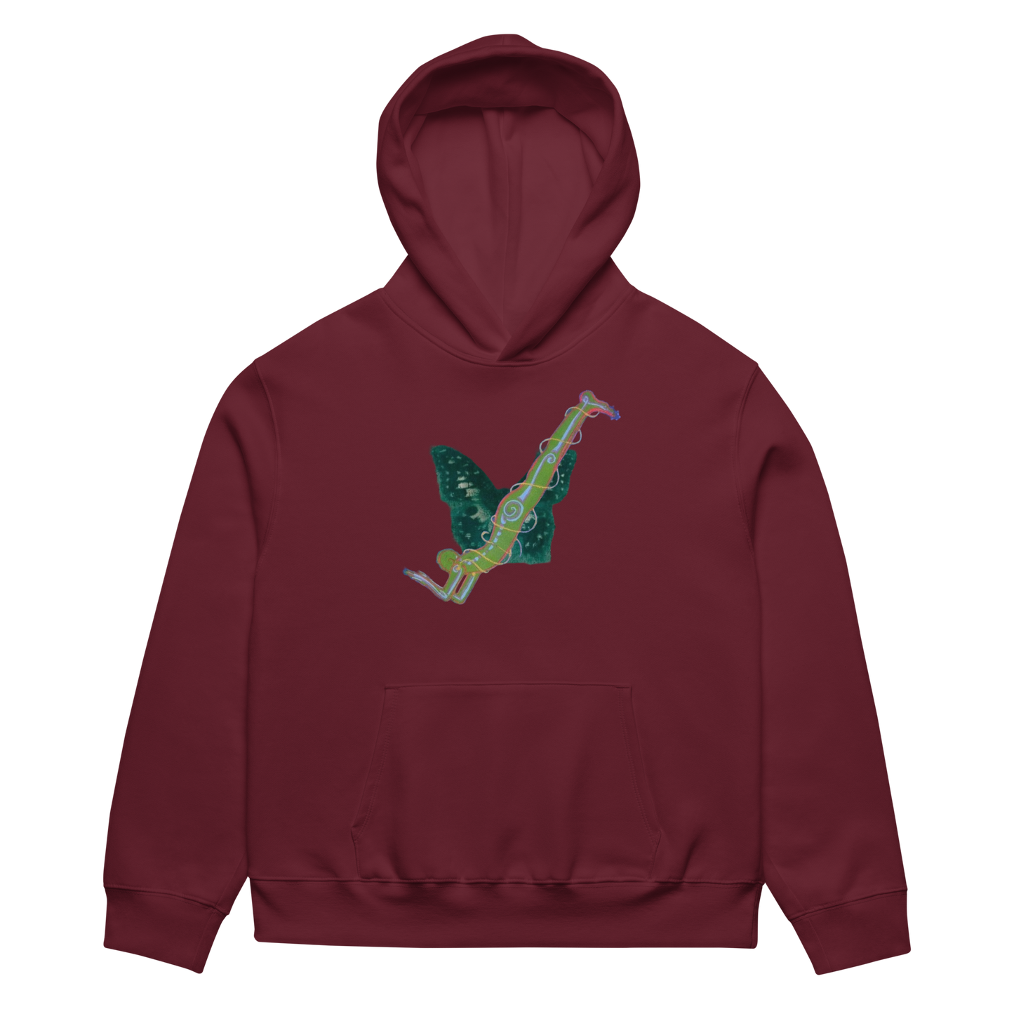 Maroon hoodie with a green and pink graphic on the back against a white background